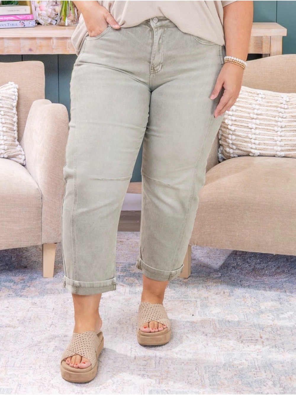 Zenana Outfitters Cropped Relaxed Jeans in Sage Green